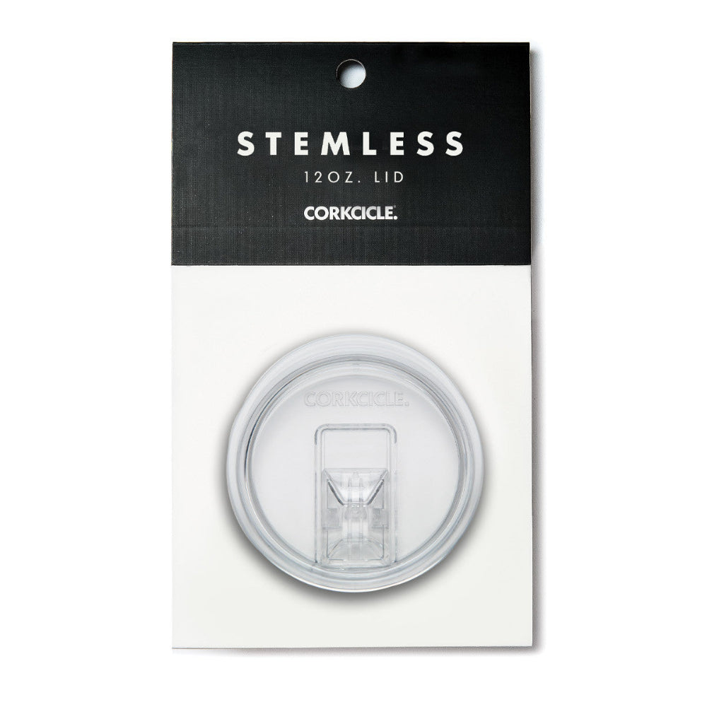 Corkcicle stemless 12oz lid on packaging on a white background.