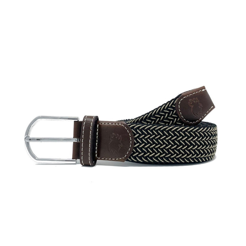 Woven belt with brown leather ends and silver buckle on a white background