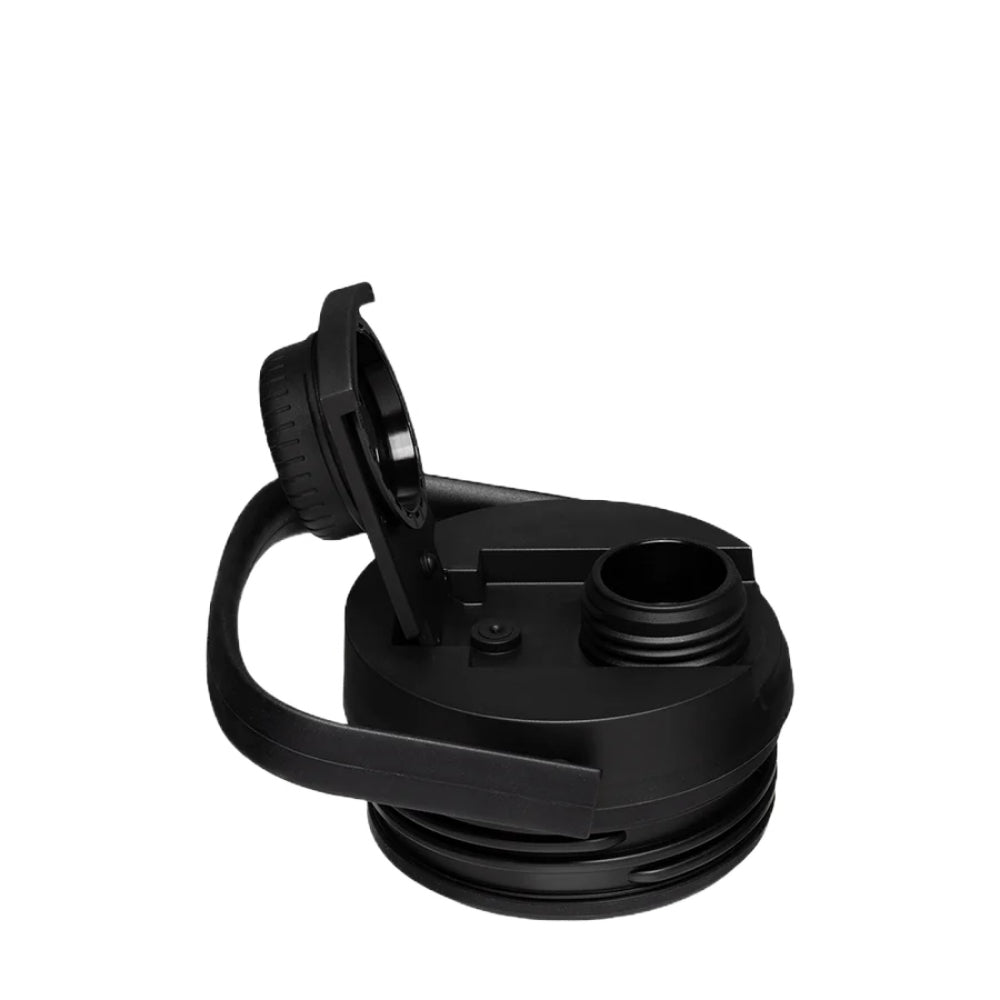 Black plastic lid with handle on a white background.