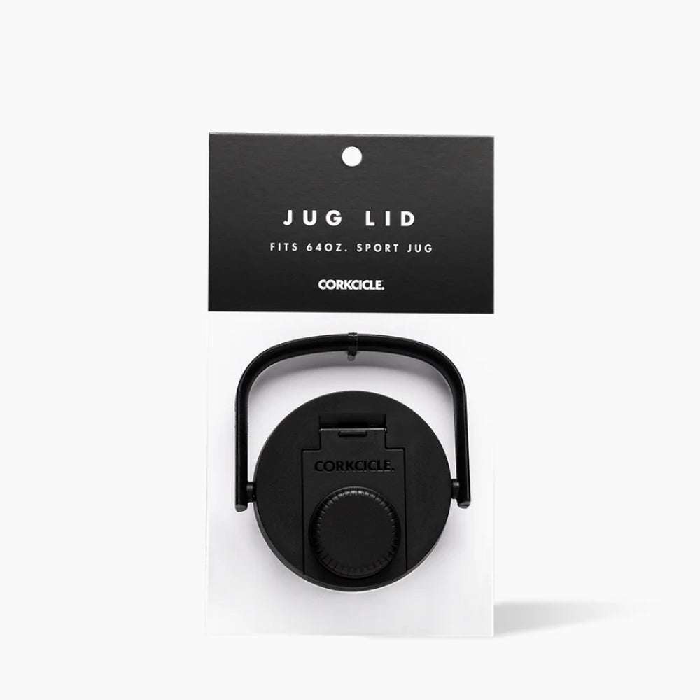 Black plastic lid with handle with packaging on a white background.