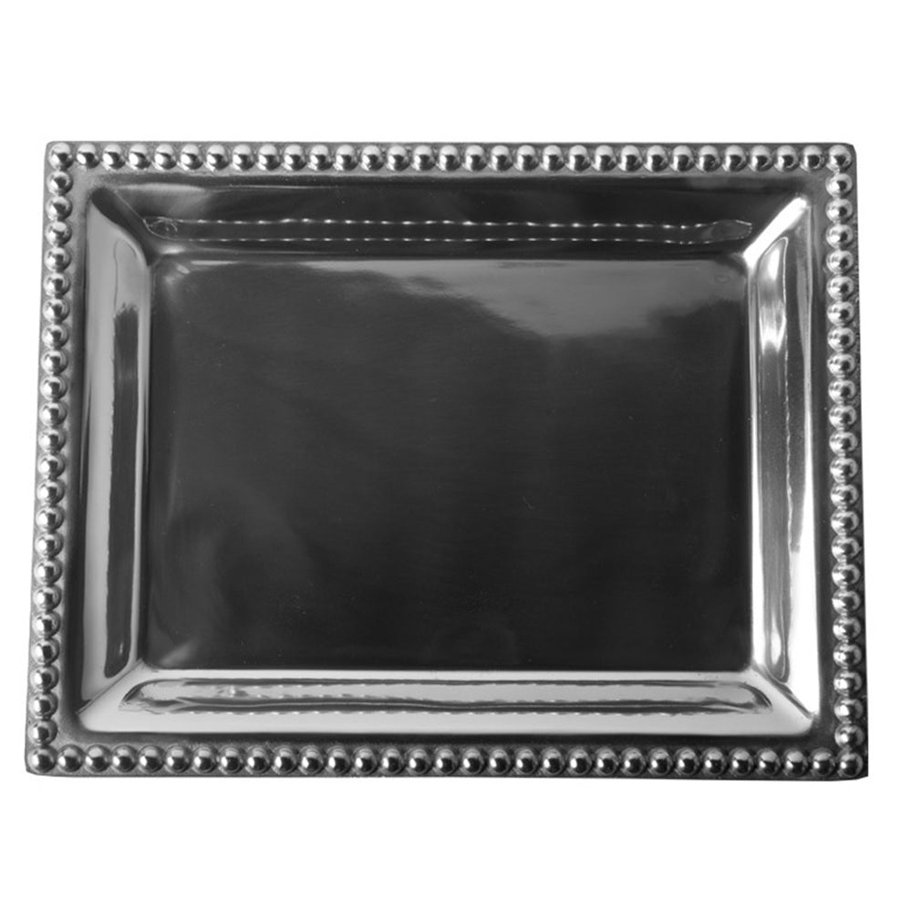 Medium rectangular silver tray rim on a white background.