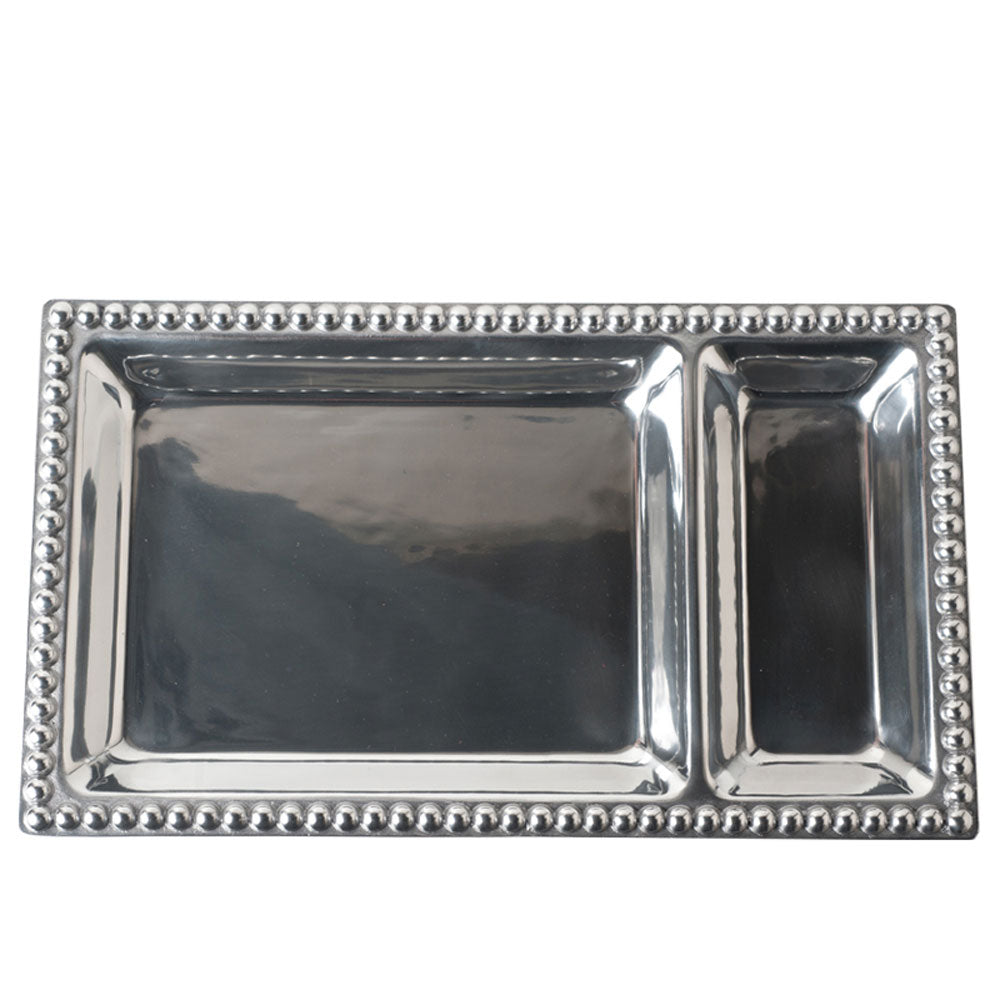 Divied rectangular sectional silver tray rim on a white background.