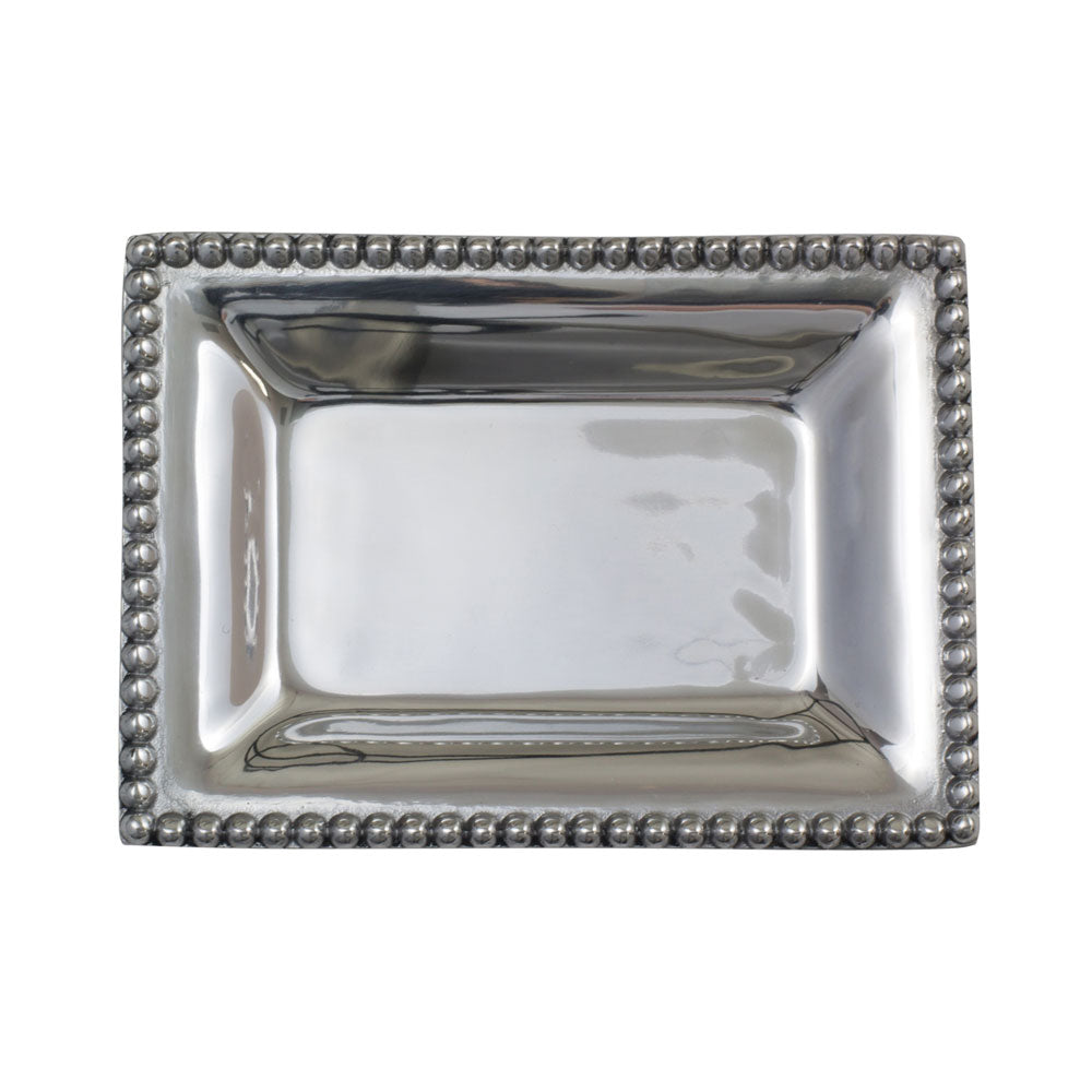 Extra small rectangular  silver tray rim on a white background.