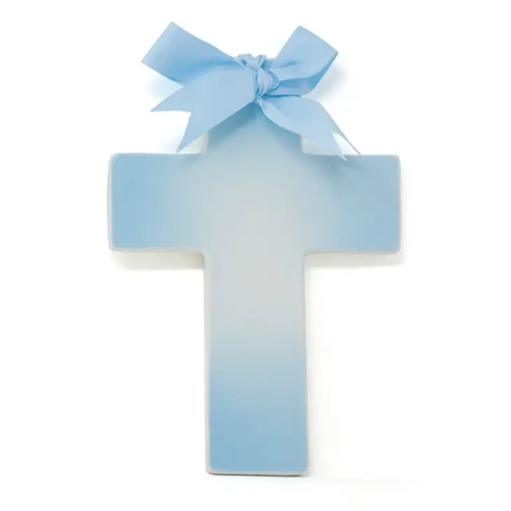 A blue and white cross a with a blue bow on top against a white background