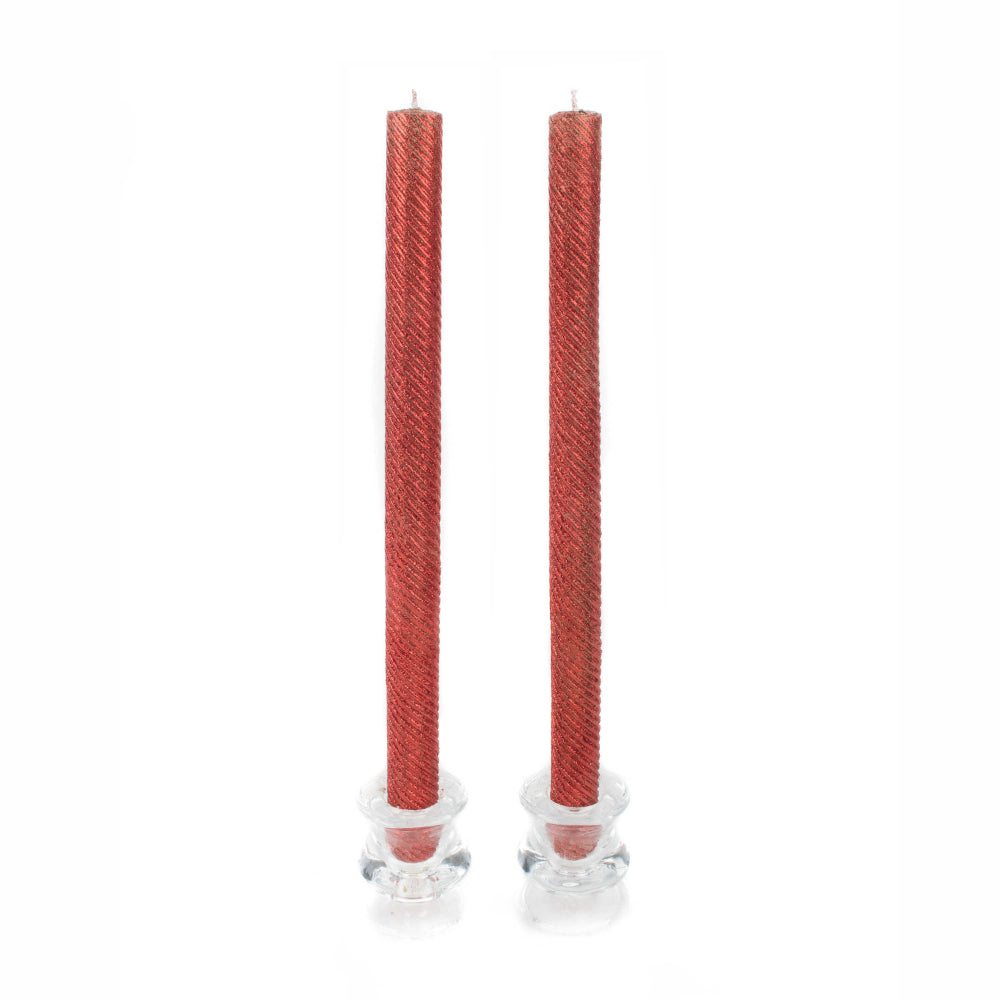 Red MacKenzie-Childs Shimmer Dinner Candles - Set of 2 in glass holders on a white backround.