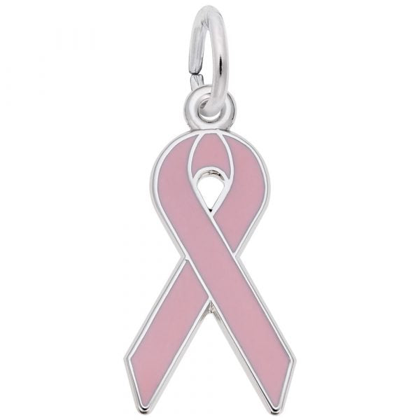 A sterling silver charm in the shape of a pink breast cancer awareness ribbon.