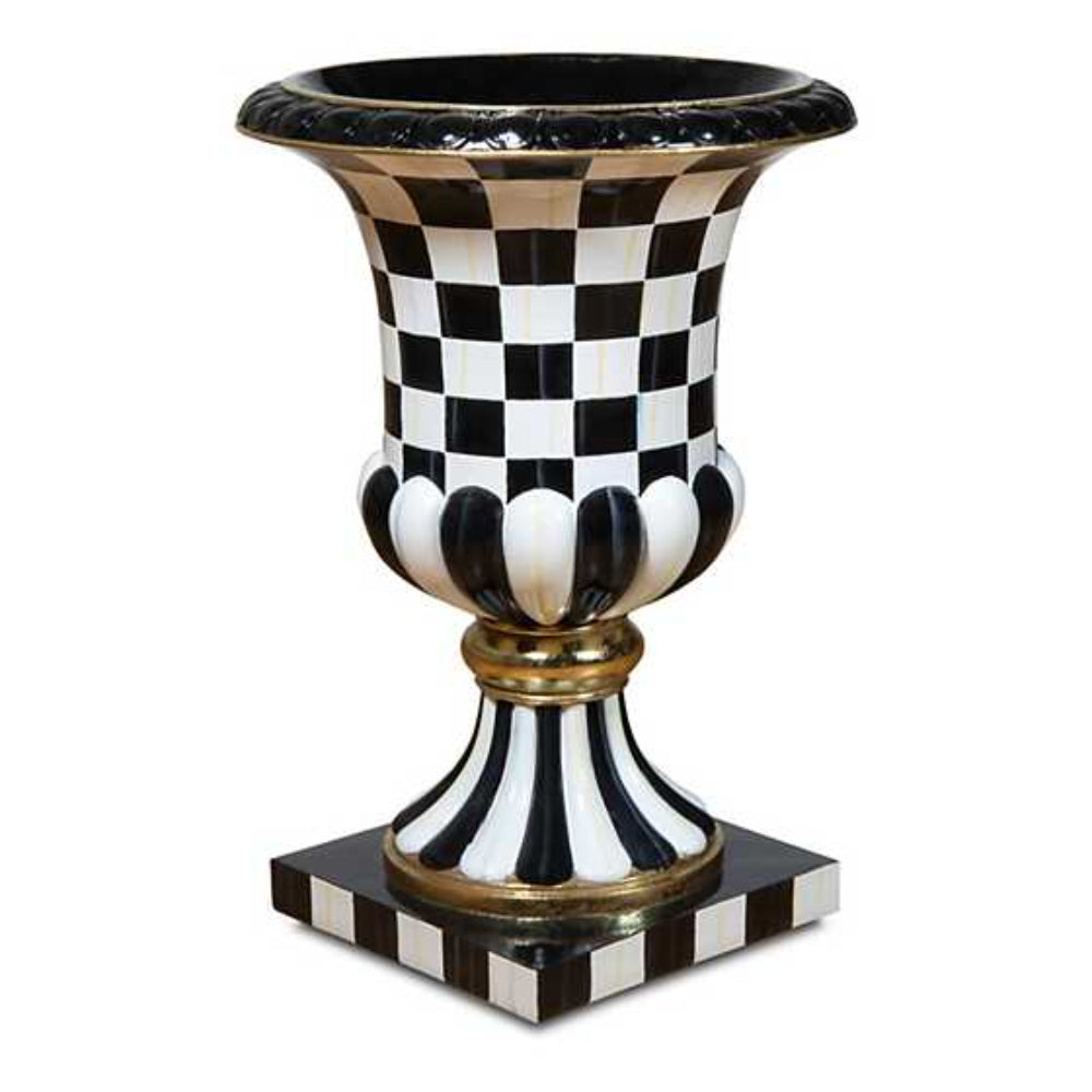 Decorative urn with black and white checkered pattern on a white background