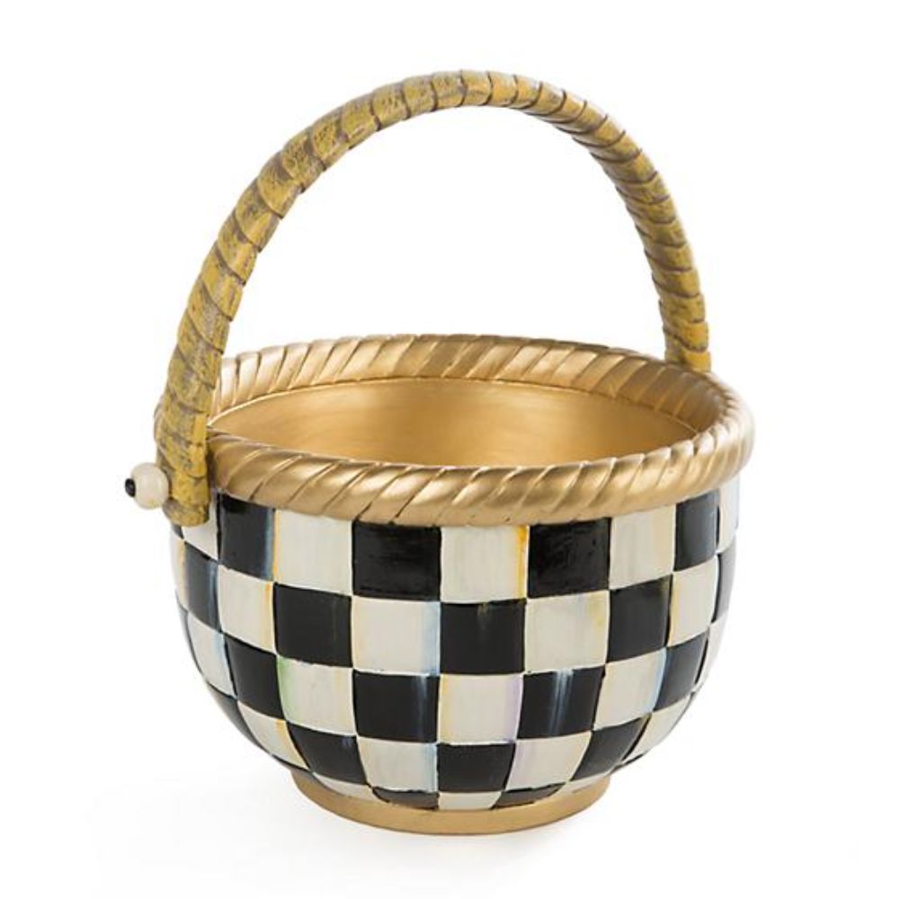 Decorative basket with checkered pattern and gold handle on a white background