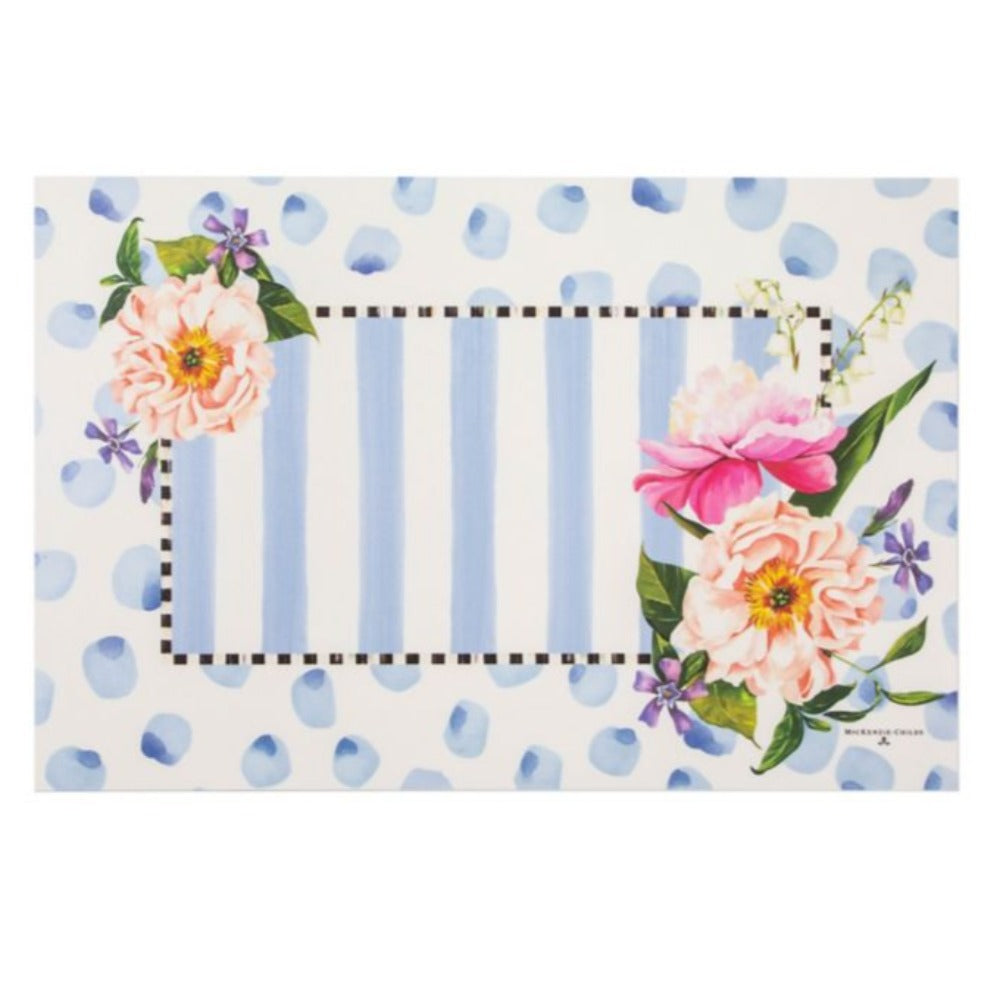 A Small 2'x3' size doormat with floral design and blue polka dots on a white background