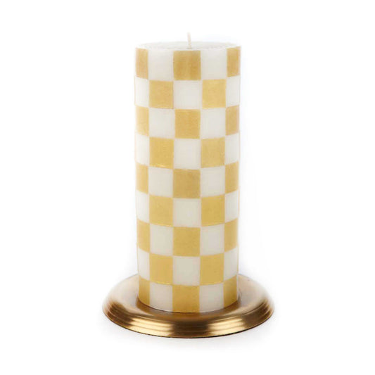 MacKenzie-Childs Check Pillar Candle - 6" - Gold & Ivory