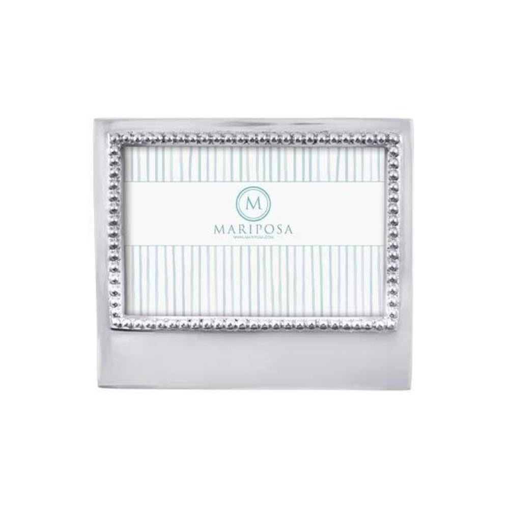 4x6 beaded silver photo frame with 'Mariposa' branding on a white background.