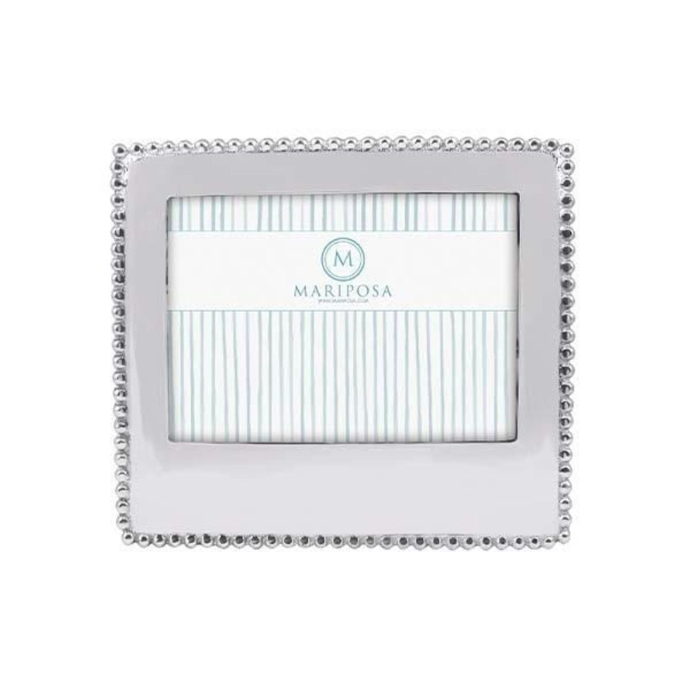 Horizontal silver beaded 5x7 photo frame with 'Mariposa' branding on a white background