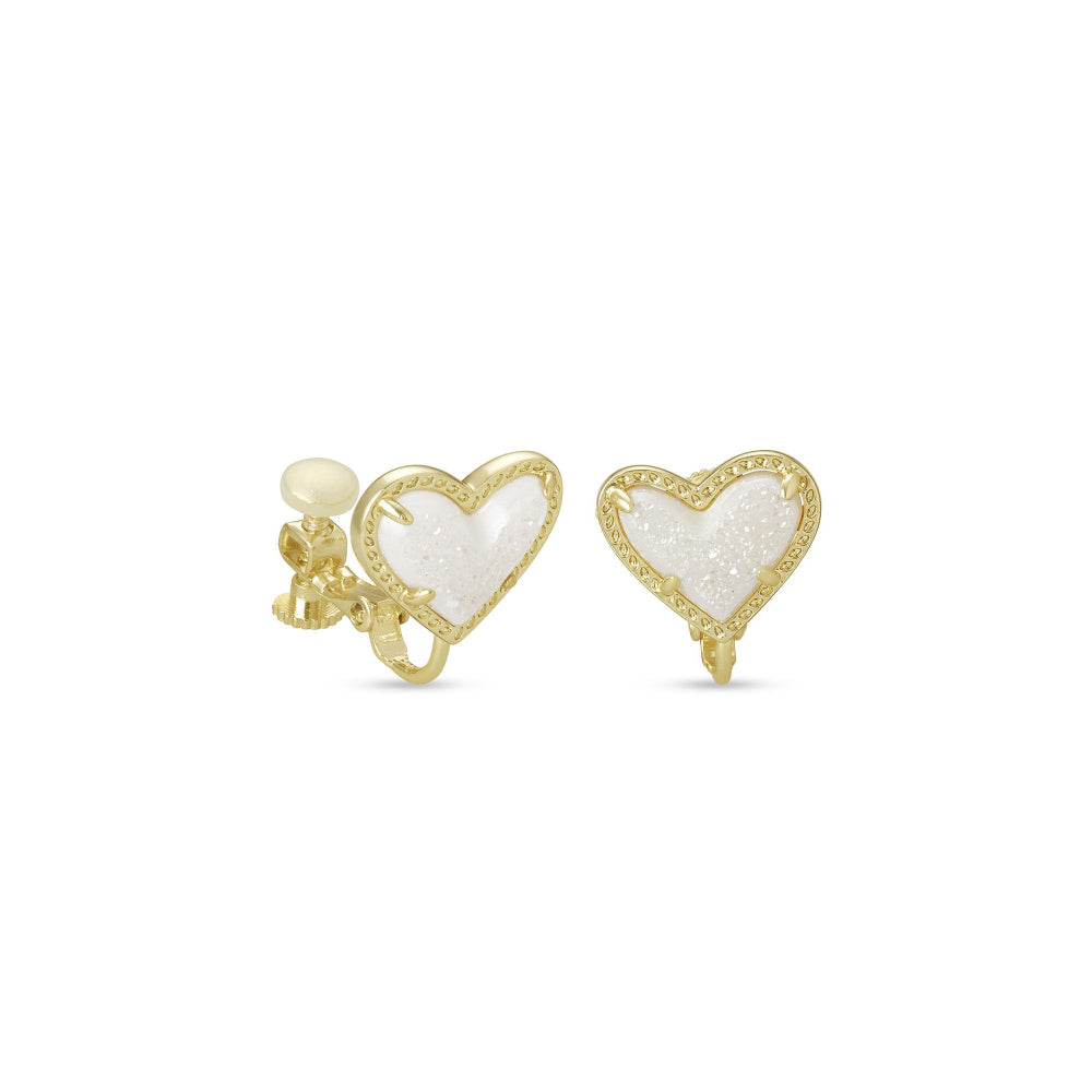 Kendra Scott Ari Heart Gold Stud Clip On Earrings in Iridescent Drusy
