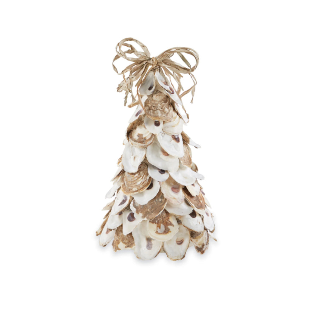 Large oyster shell tree with raffia bow toppers in natural colors on a white backround.