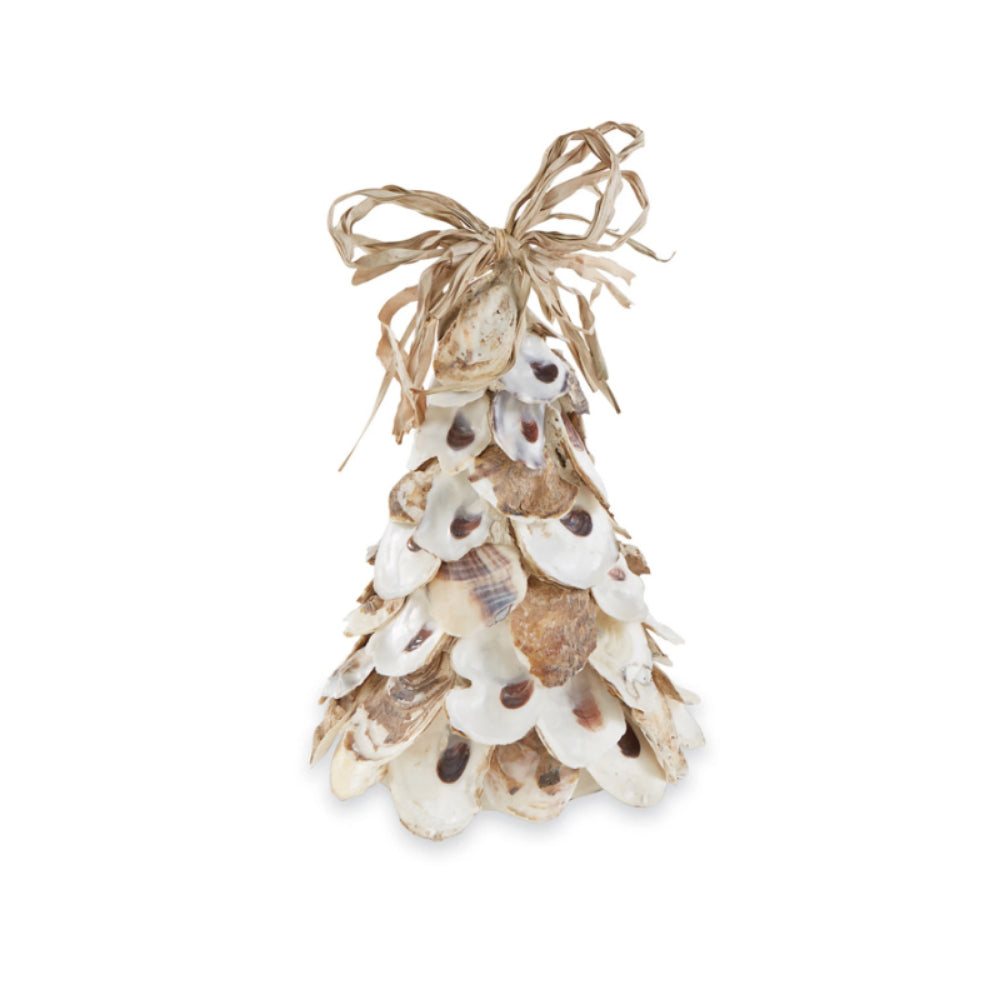 Medium oyster shell tree with raffia bow toppers in natural colors on a white backround.