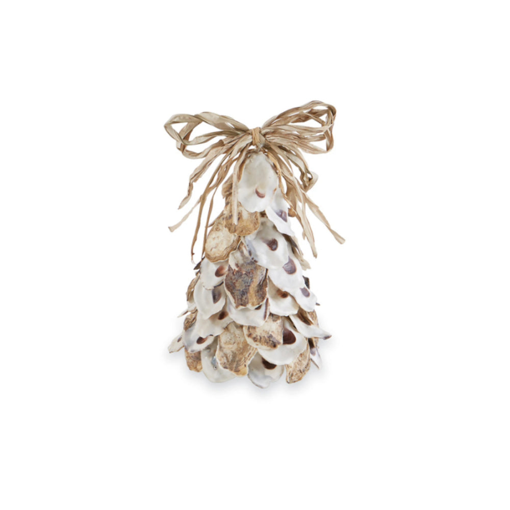 Small oyster shell tree with raffia bow toppers in natural colors on a white backround.