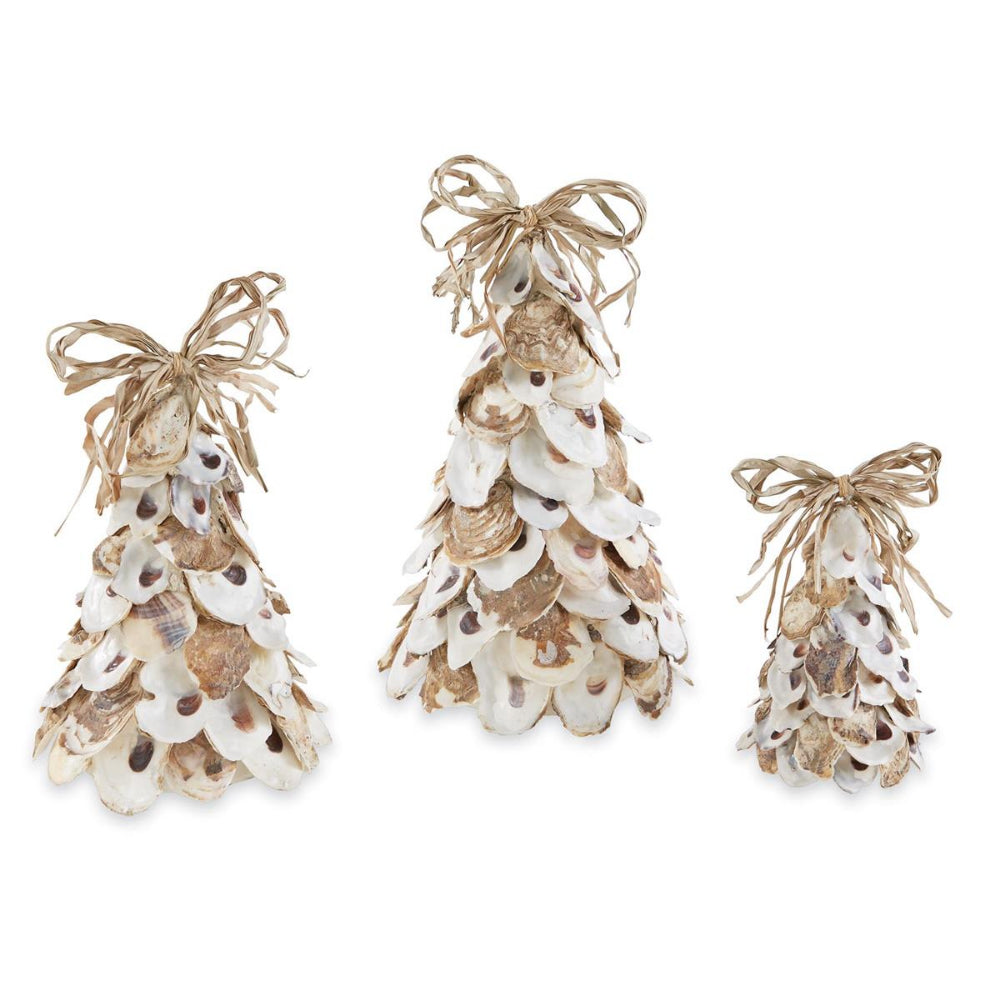  Three decorative oyster shell trees with ribbons on a white background