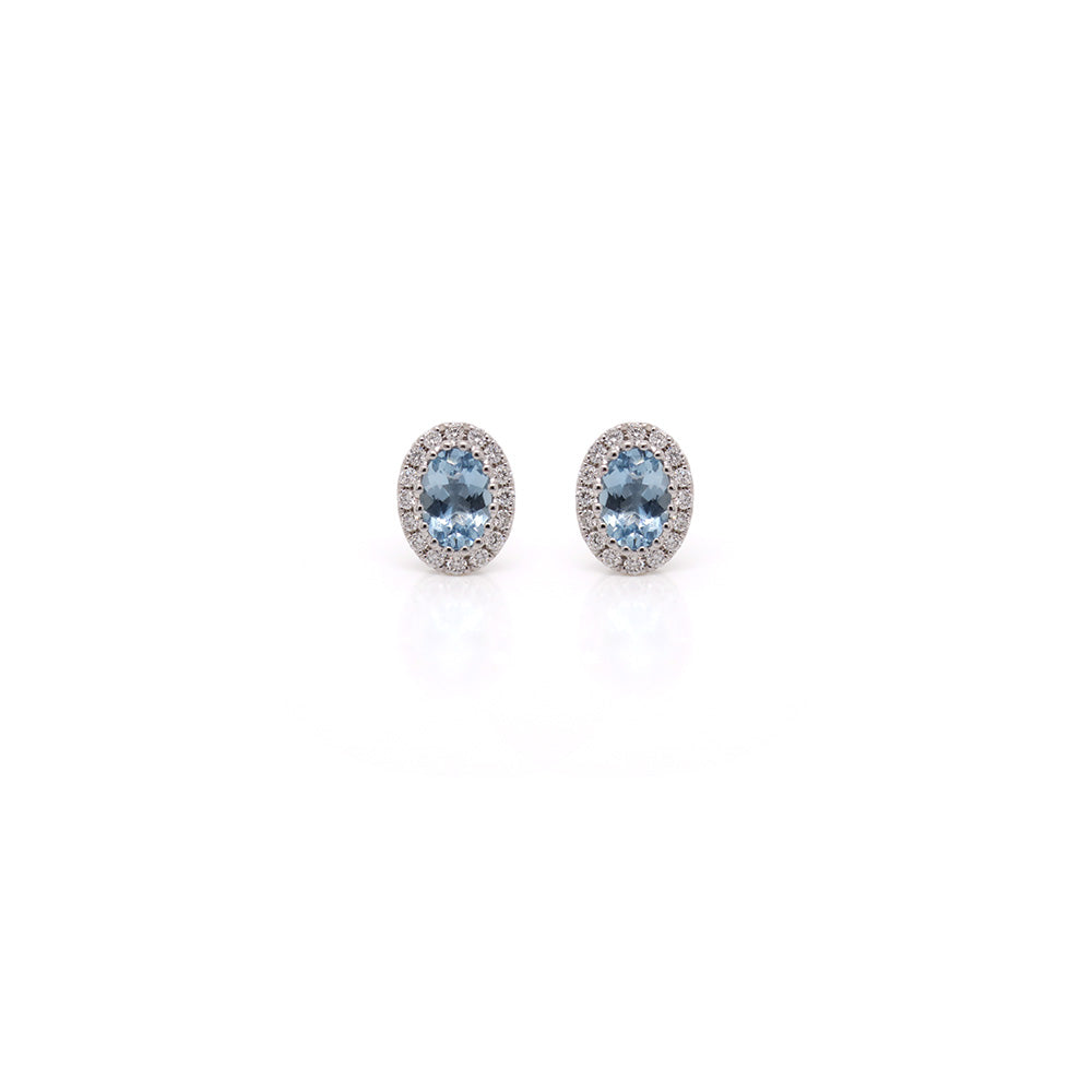 14k White Gold Oval Aquamarine and Diamond Stud Earrings