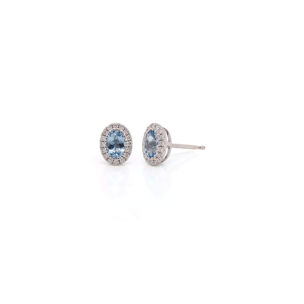14k White Gold Oval Aquamarine and Diamond Stud Earrings