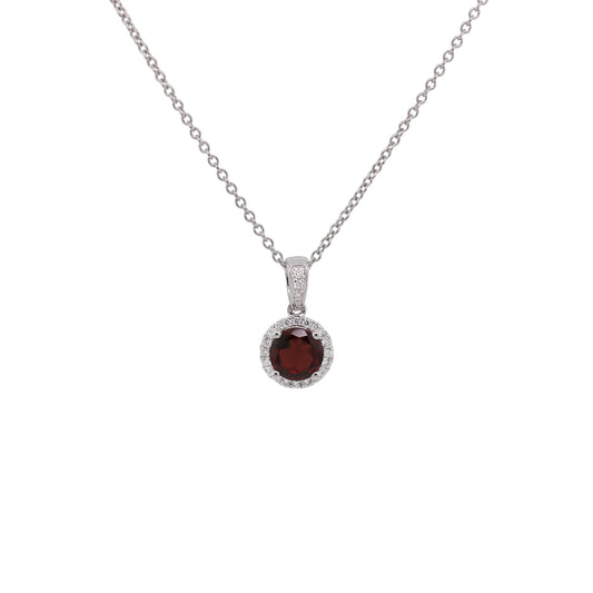 14k White Gold Garnet & Diamond Pendant Necklace