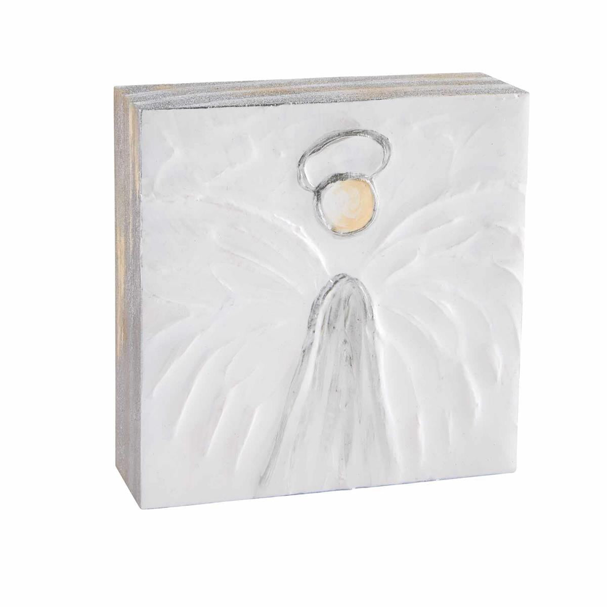 A wooden block plaque with a hand-painted angel figure on the front.