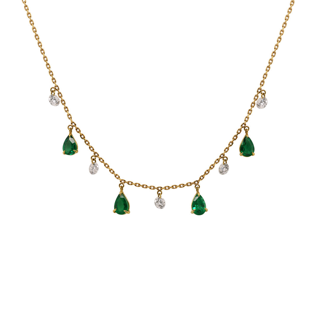 14k Yellow Gold Emerald and Diamond Drop Necklace