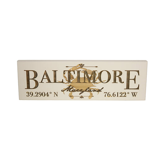 Fire & Pine Wood Engraved Baltimore Crab Sign with Coordinates