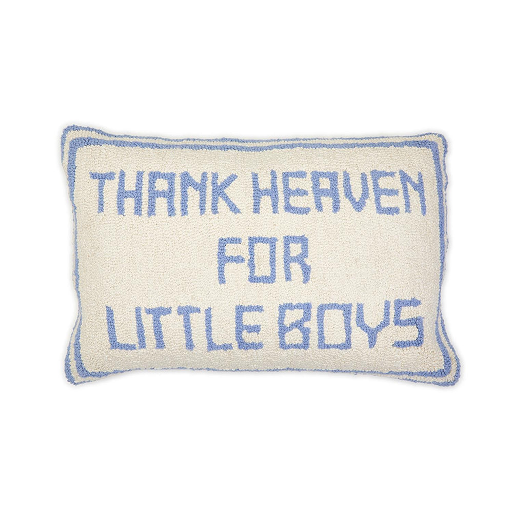 A rectangular decorative throw pillow with embroidered text 'THANK HEAVEN FOR LITTLE BOYS' in blue on a white backround. 