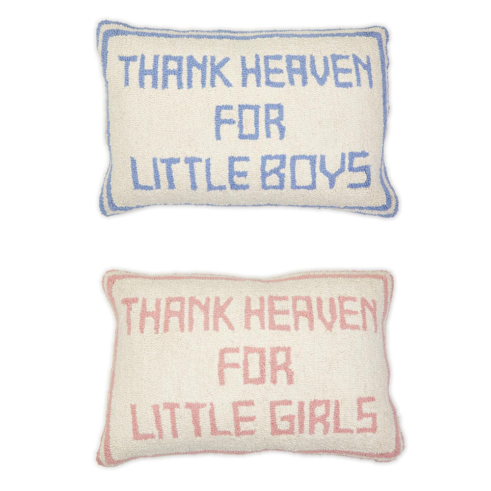 Two white pillows with embroidered text "Thank Heaven For Little Boys" and Thank Heaven For Little Girls" in pink and blue on a white background.