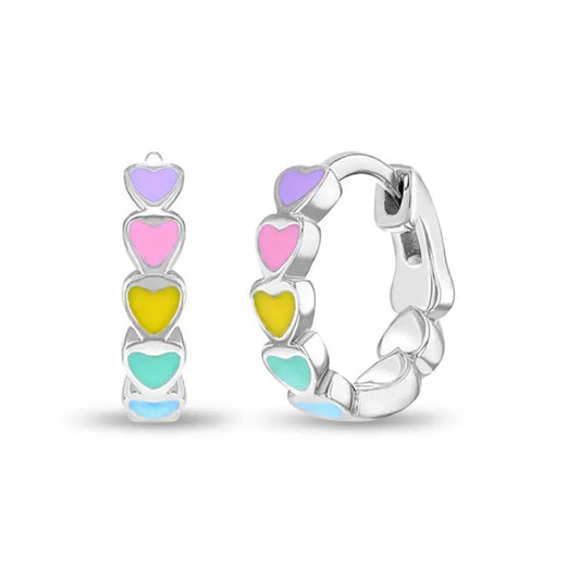 Children's Sterling Silver & Multicolor Enamel Heart Huggie Hoop Earrings