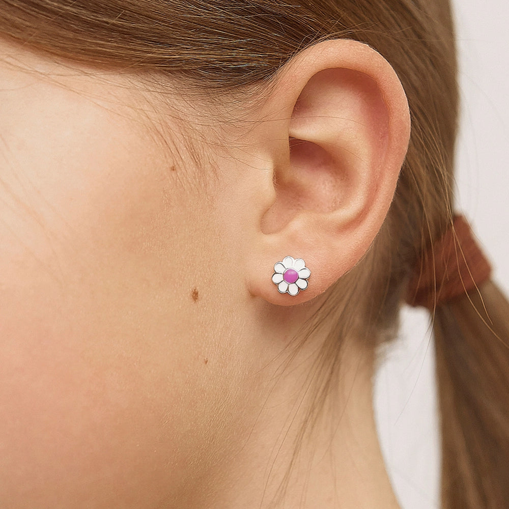 Children's Sterling Silver Enamel Daisy Screw Back Earrings