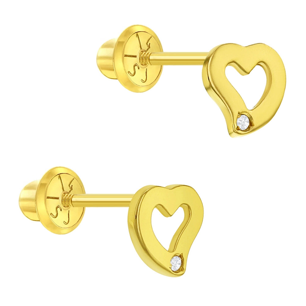Children's 14k Yellow Gold White Diamond Accent Small Heart Screw Back Earrings