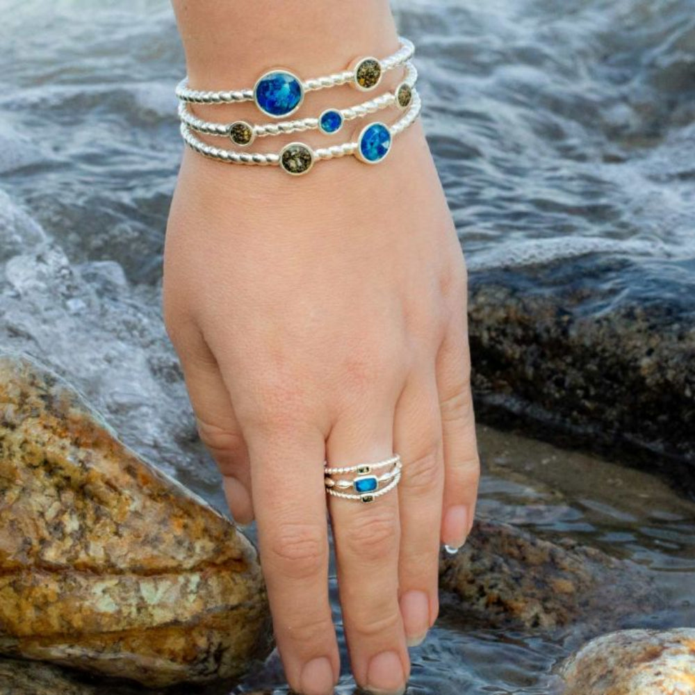 Dune Jewelry x 4Ocean Sterling Silver Boho Stack Ring - Bali Blue & Ocean City Sand