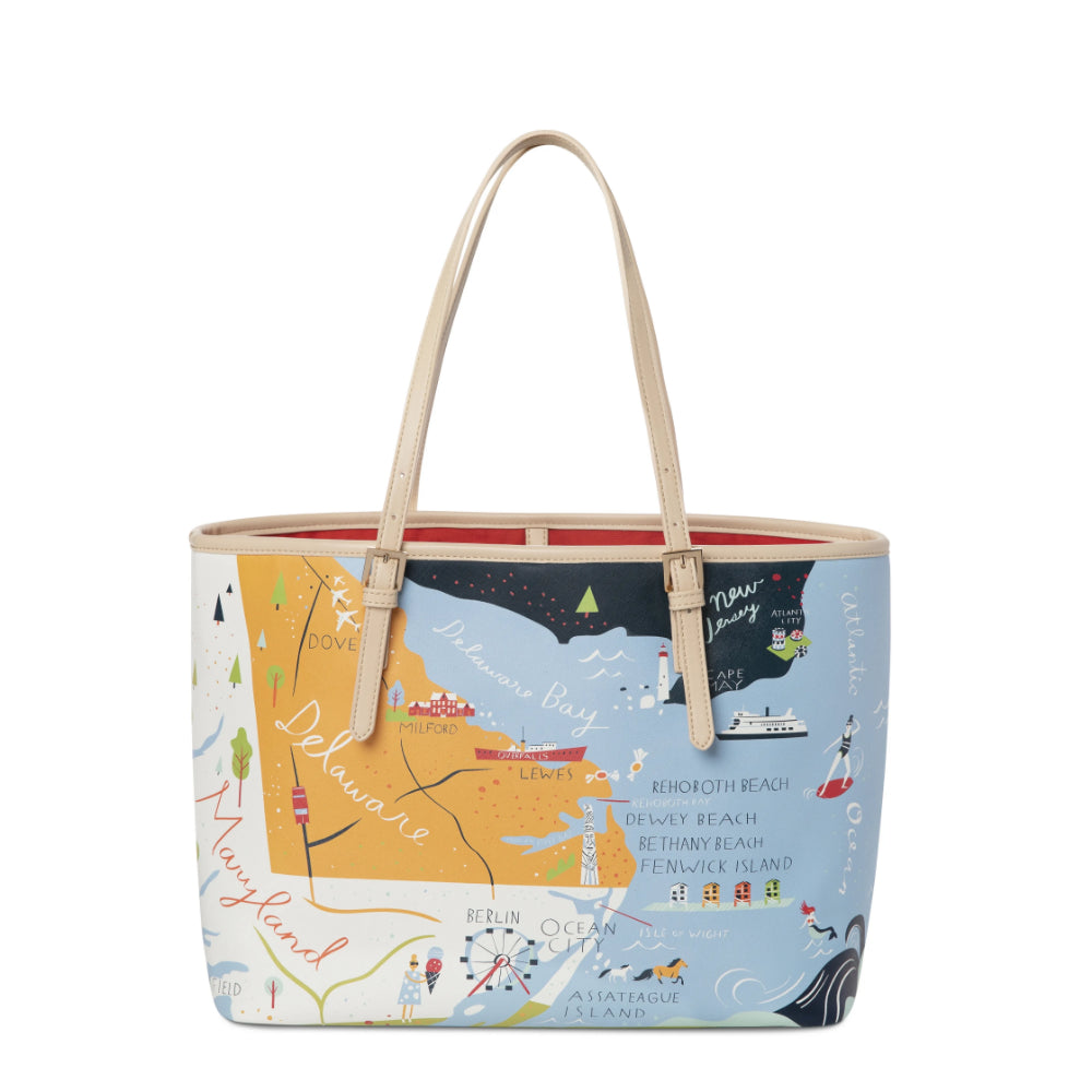 A photo of the back of a large tote bag with a colorful map design of the  Chesapeake Bay on a white background.