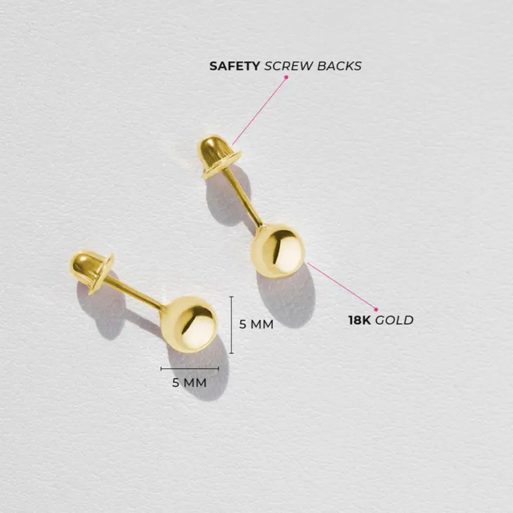 Girls' Classic Ball Screw Back 18K Yellow Gold Earrings - 5mm - in Season Jewelry