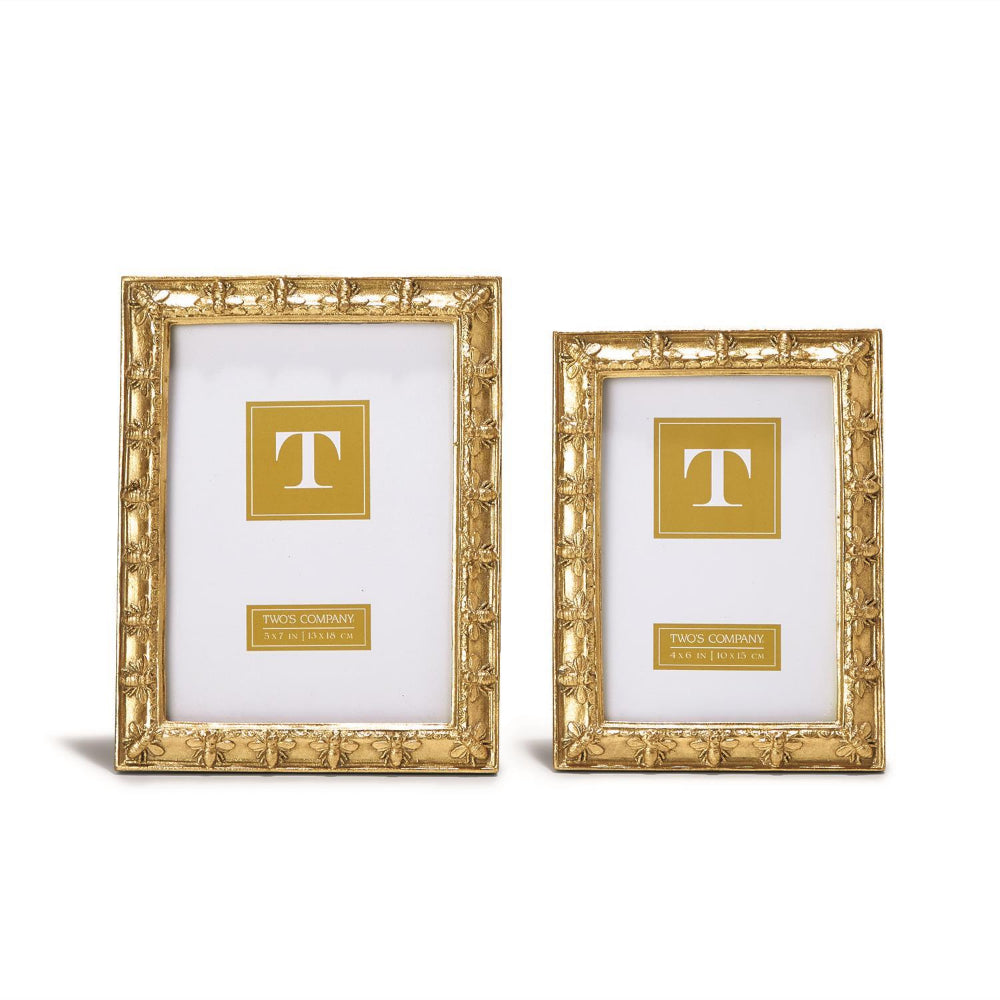 Two gold leaf Napoleon Bee photo frames of different sizes 4x6 & 5x7, capable of standing vertically or horizontally.