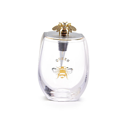 Two's Company Queen Bee Stemless Wine Glass with Jeweled Bee Wine Stopper