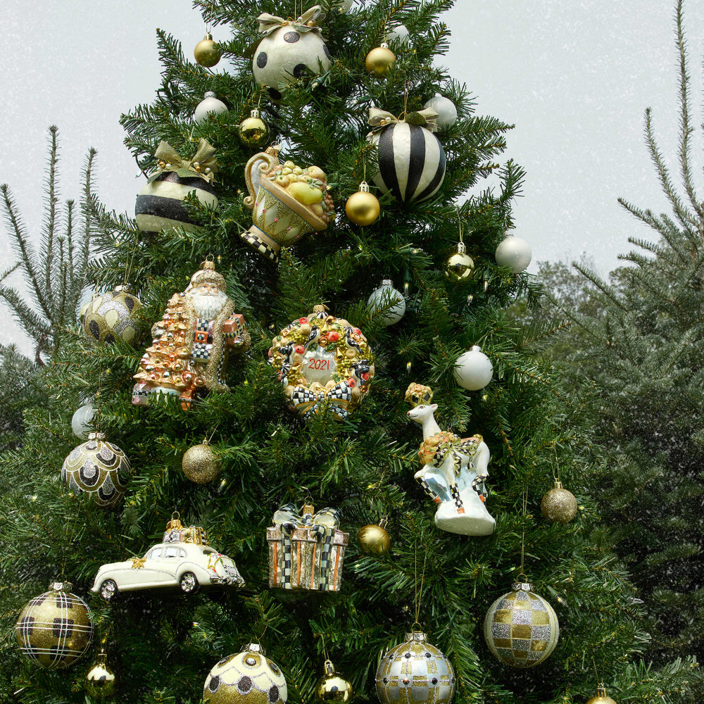 Outside photo of MacKenzie-Childs Golden Hour Glass Ball Ornaments - Set of 6 on tree.