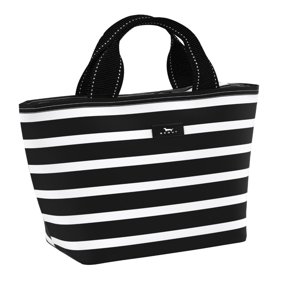 Black and white striped lunch bag on a white background