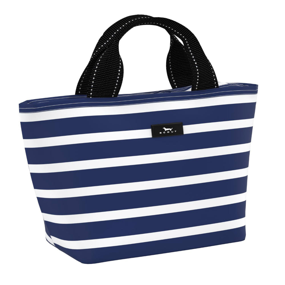 A blue and white striped insulated lunch box with top handles.