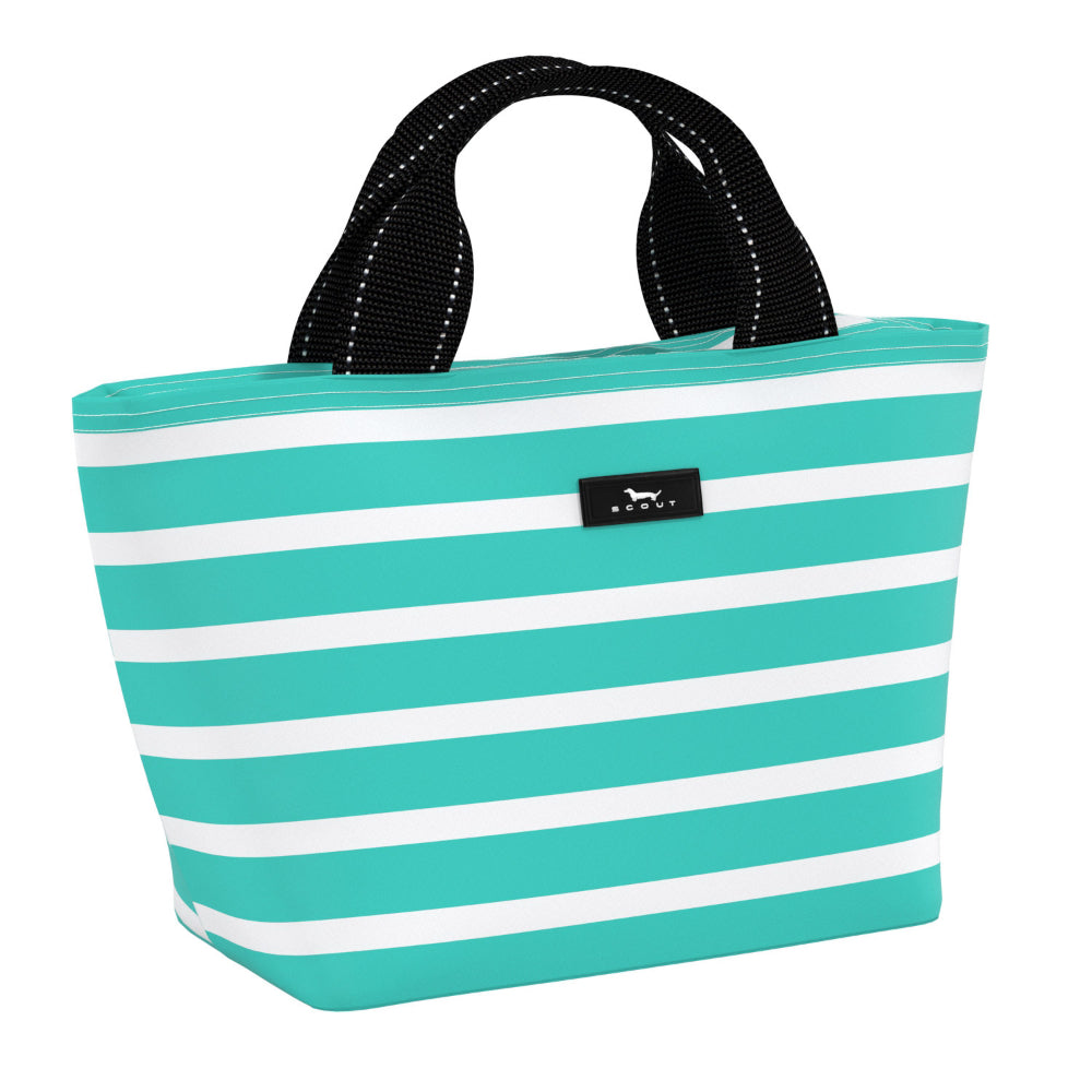 A teal and white striped insulated lunch box with top handles.