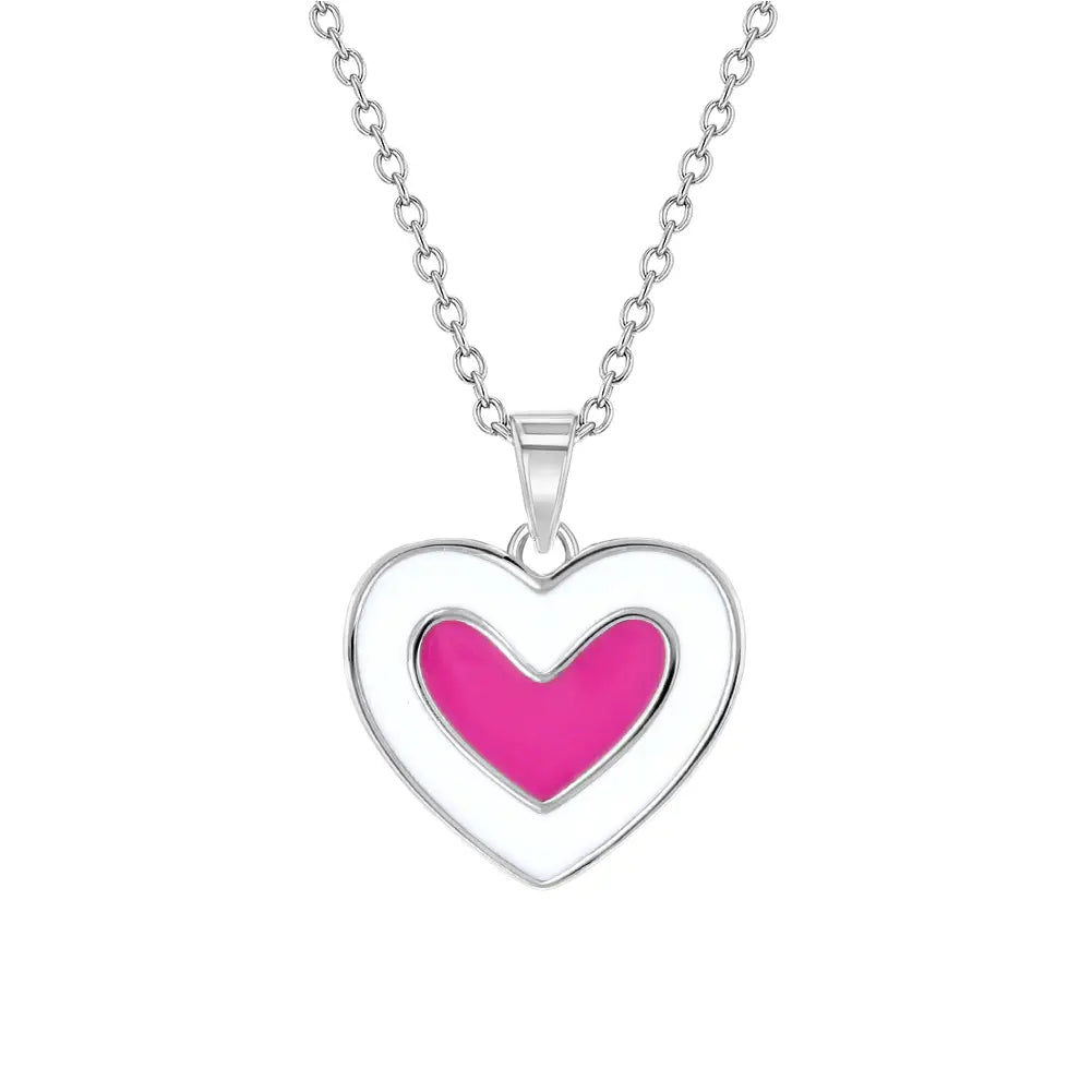 Children's Sterling Silver Pink & White Enamel Heart Pendant Necklace