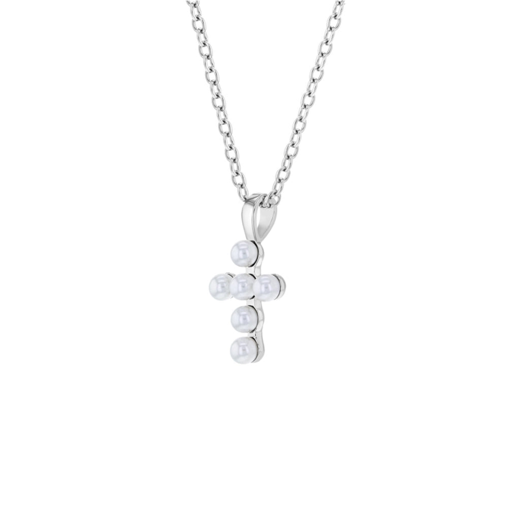 Children's Sterling Silver White Simulated Pearl Cross Pendant Necklace