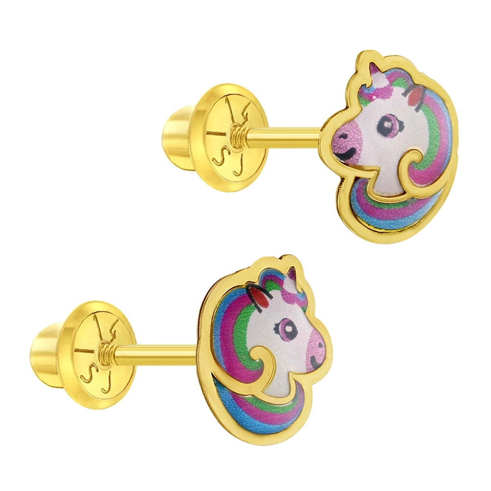 Children's 14k Yellow Gold Multicolor Enamel Unicorn Earrings