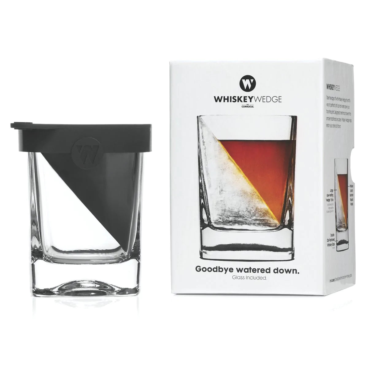Whiskey glass with a black wedge and Whiskey Wedge packaging on a white background.