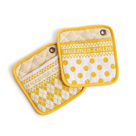 MacKenzie-Childs Yellow Argyle Potholders - Set of 2