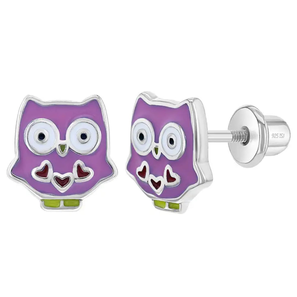 Children's Sterling Silver Enamel Purple Owl Stud Earrings