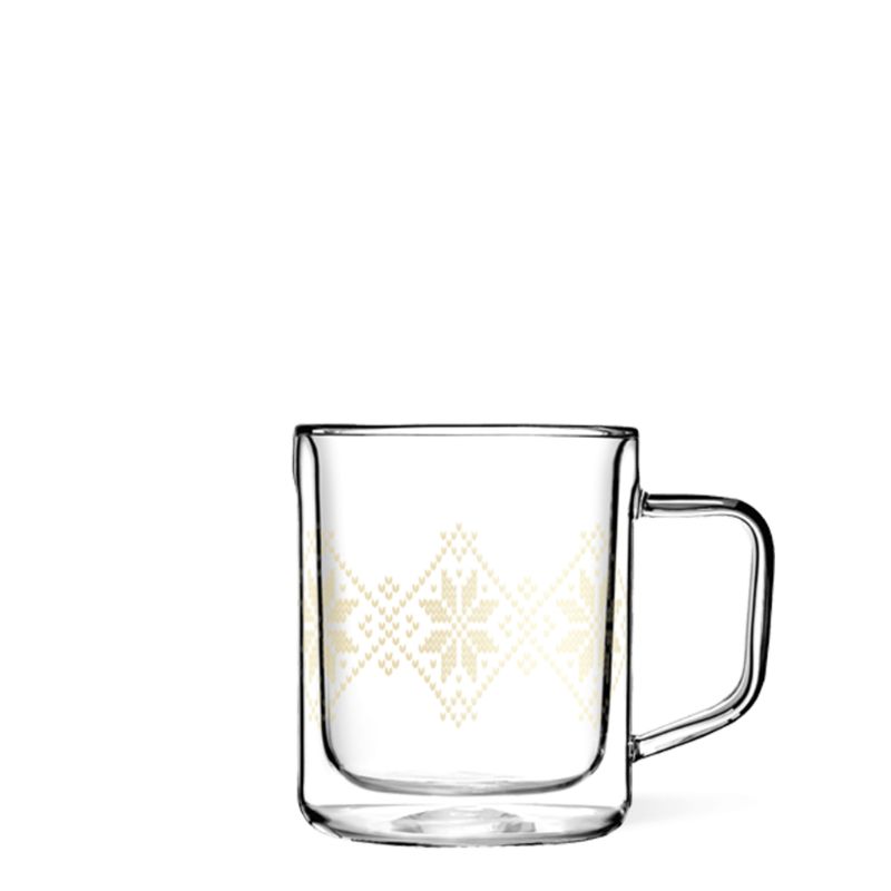 Clear glass mug with geometric design on a white background.