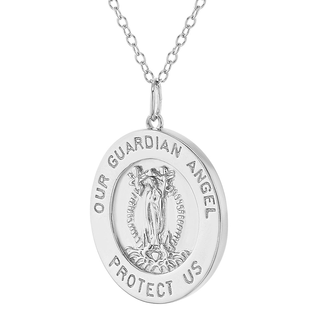 Children's Sterling Silver Guardian Angel Round Medal Pendant
