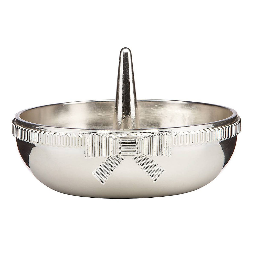 Silver ring holder with a central rod on a white background